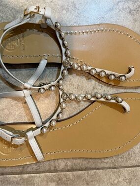 Tory Burch White Pearl-Embellished T-Strap Sandals